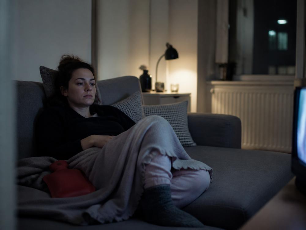Frau liegt zusammengerollt mit Wärmflasche auf dem Sofa